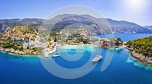 Aerial view to the fishing village of Assos on the island of Kefalonia