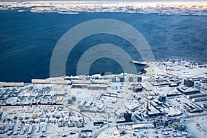 Aerial view to the fjord and snow streets of Greenlandic capital Nuuk city, Greenland