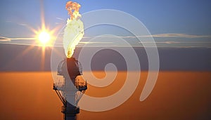 Aerial view to gas flare stack of petroleum refineries sunset background, flare pit tower