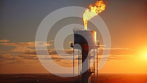 Aerial view to gas flare stack of petroleum refineries sunset background, flare pit tower