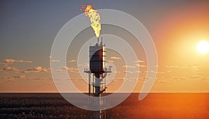 Aerial view to gas flare stack of petroleum refineries sunset background, flare pit tower