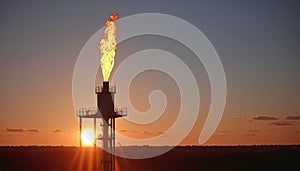 Aerial view to gas flare stack of petroleum refineries sunset background, flare pit tower