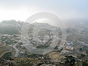 Aerial view to Hajjah city and Haraz mountain, Yemen