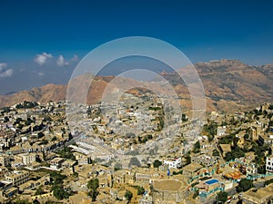 Aerial view to Hajjah city and Haraz mountain Yemen