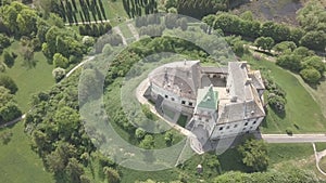 Aerial view to historic castle and park in Olesko - famous ukrainian sightseeing