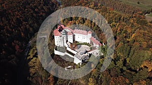 Aerial view to historic castle Pieskowa Skala near Krakow in Poland