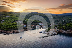 Aerial view to the idyllic fishing village of Katigiorgis, South Pelion, Greece