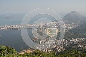 Aerial view to lagoon from Christ the Redeemer statue in Corcovado Mountain, Rio de Janeiro, Brazil