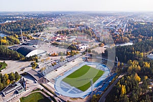 Aerial view to Lahti city and sports centre at autumn morning, Finland