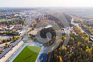 Aerial view to Lahti city and sports centre at autumn morning, Finland