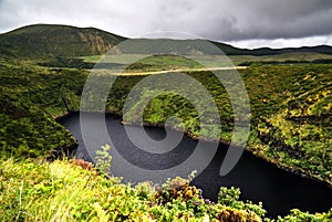 Aerial view to lake Comprida, Flores island , Azores. Portugal photo