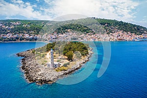 Aerial view to the lighthouse and picturesque town of Gythio, south Peloponnese, Greece