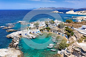 Aerial view to the little fishing village of Mandrakia, Milos, Cyclades, Greece