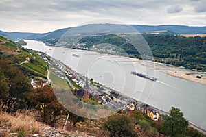 Aerial view to Lorchhausen town and grape fields with river Raine from tourist route on Hesse Land Germany photo