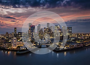 Aerial view to the modern skyline of the financial district Canary Wharf in London