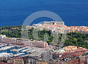 Aerial View To The Monaco Castle And The Deep Blue Mediterranean Sea Behind