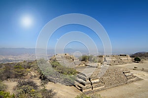 Aerial view to Monte Alban ruins under bright sunlight