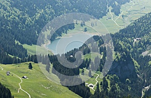 aerial view to the mountain lake Seealpsee at the alpstein massif