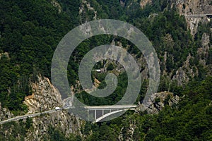 Aerial view to mountain road from castle Cetatea Poenari