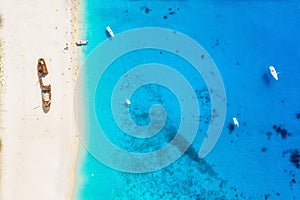 Aerial view to the Navagio shipwreck beach on Zakynthos island, Greece photo