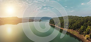 Aerial view of To Nung lake near Pleiku city, Gia Lai province, Vietnam. This lake on the lava background of a volcano that has