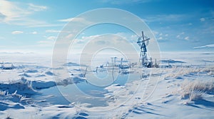 Aerial view to old wind mill in winter. Relative of windmill eco-friendly energy production