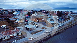 Aerial View to the Panoramic View to the Puerto Natales under the Blue Sunset Sky