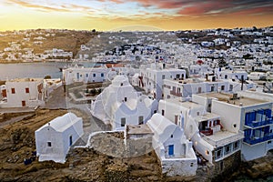 Aerial view to the Paraportiani Church in Mykonos town, Greece