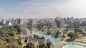 Aerial view to Park of the Reserve with magic water circuit biggest fountain complex timelapse