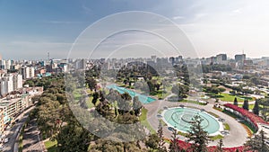 Aerial view to Park of the Reserve with magic water circuit biggest fountain complex timelapse