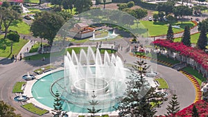 Aerial view to Park of the Reserve with magic water circuit biggest fountain complex timelapse photo