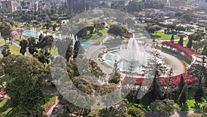 Aerial view to Park of the Reserve with magic water circuit biggest fountain complex timelapse photo