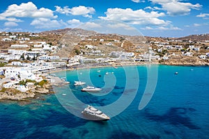 Aerial view to the Platis Gialos beach on the island of Mykonos
