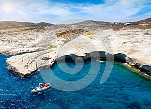 Aerial view to the popular Sarakiniko Beach, Milos, Cyclades, Greece