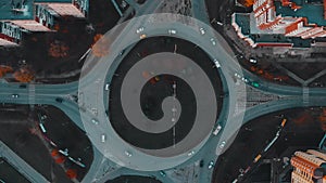 Aerial view to the road circle with city cars traffic, top view, Ternopil, Ukraine