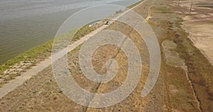 Aerial view to road dam between Tuzly Estuary and Black Sea , Ukraine