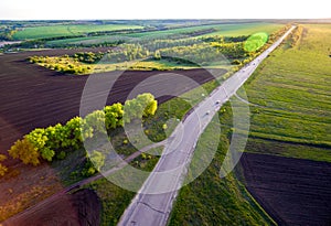 Aerial view to rural spring landscape at sunset, Ukraine