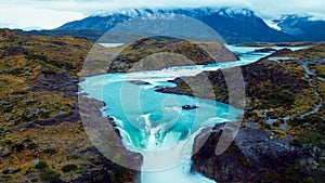 Aerial View to the Salto Grande waterfall on the Paine River in the Torres del Paine National Park
