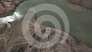 Aerial view to Sau reservoir blue green river Ter shoreline looking down mountain valley