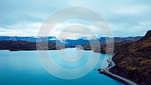 Aerial View to the Small island in the Lago Pehoe in the Torres Del Paine National Park photo