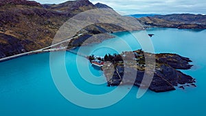 Aerial View to the Small island in the Lago Pehoe in the Torres Del Paine National Park photo