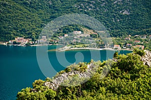 Aerial view to the small village Morinj in the Kotor bay photo