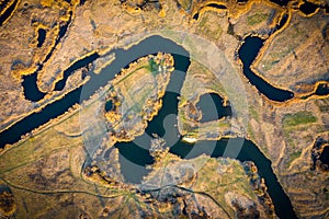 Aerial view to spring floodplain of Siverskyi Donets river. Directly above view