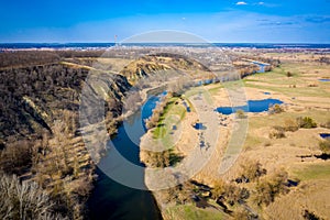 Aerial view to spring valley with Siverskyi Donets river near Zmiiv city