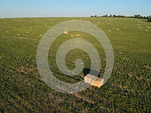 Aerial view to stacked hay on the wheat field under sky. Ambrosia field