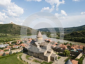 Aerial view to Svetitskhoveli Orthodox Cathedral and historical town Mtskheta, near Tbilisi, Georgia