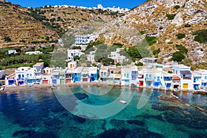 Aerial view to the syrmata fishing village Klima on the cylcadic island of Milos, Greece