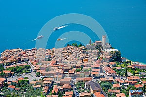 aerial view to tourist destination malcesine and garda lake, italy