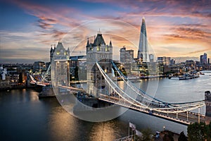 Aerial view to the Tower Bridge and skyline of London, UK