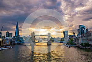 Aerial view to the Tower Bridge and skyline of London, UK